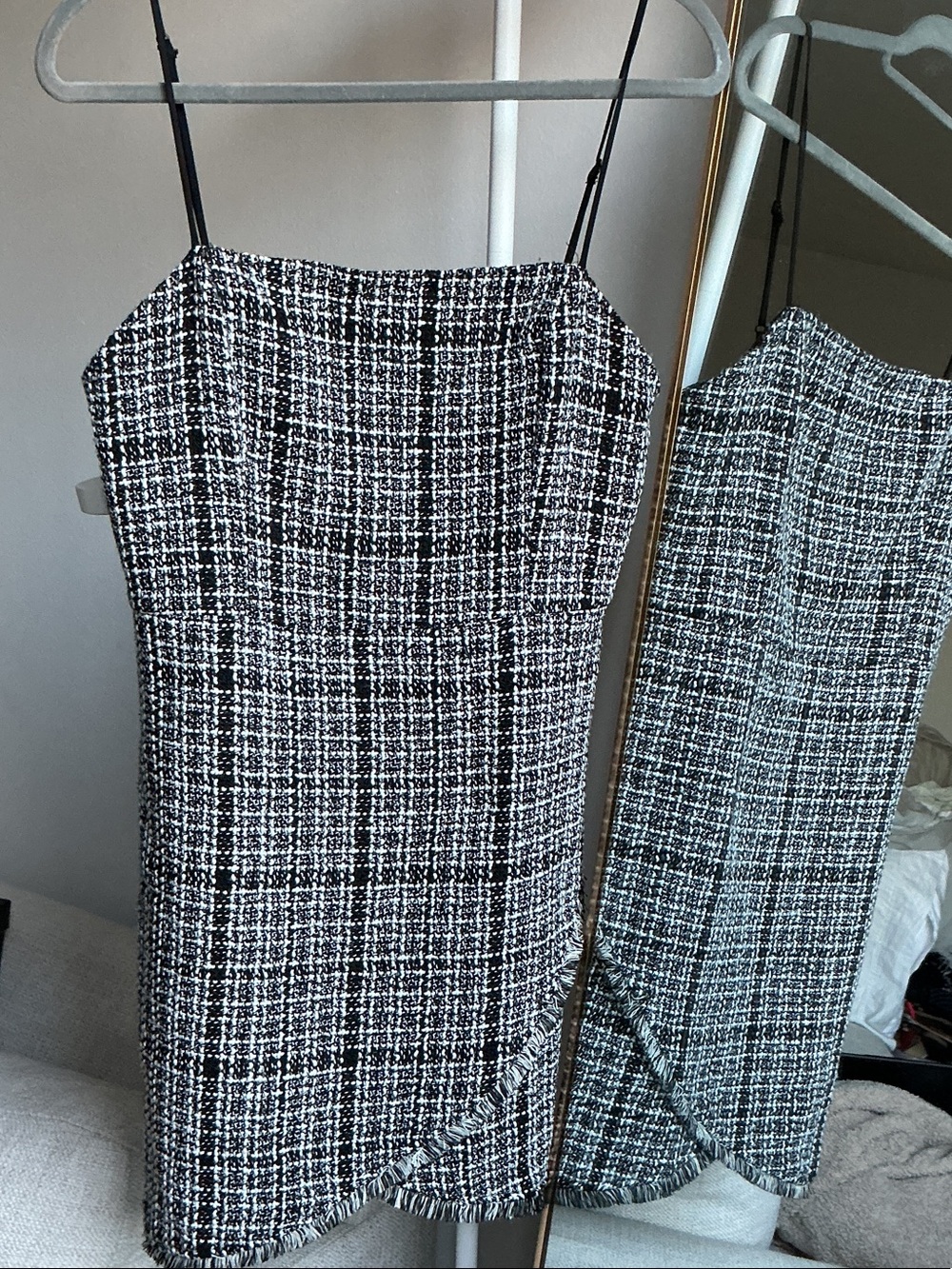 Black and White Tweed Mini Dress with Spaghetti Straps